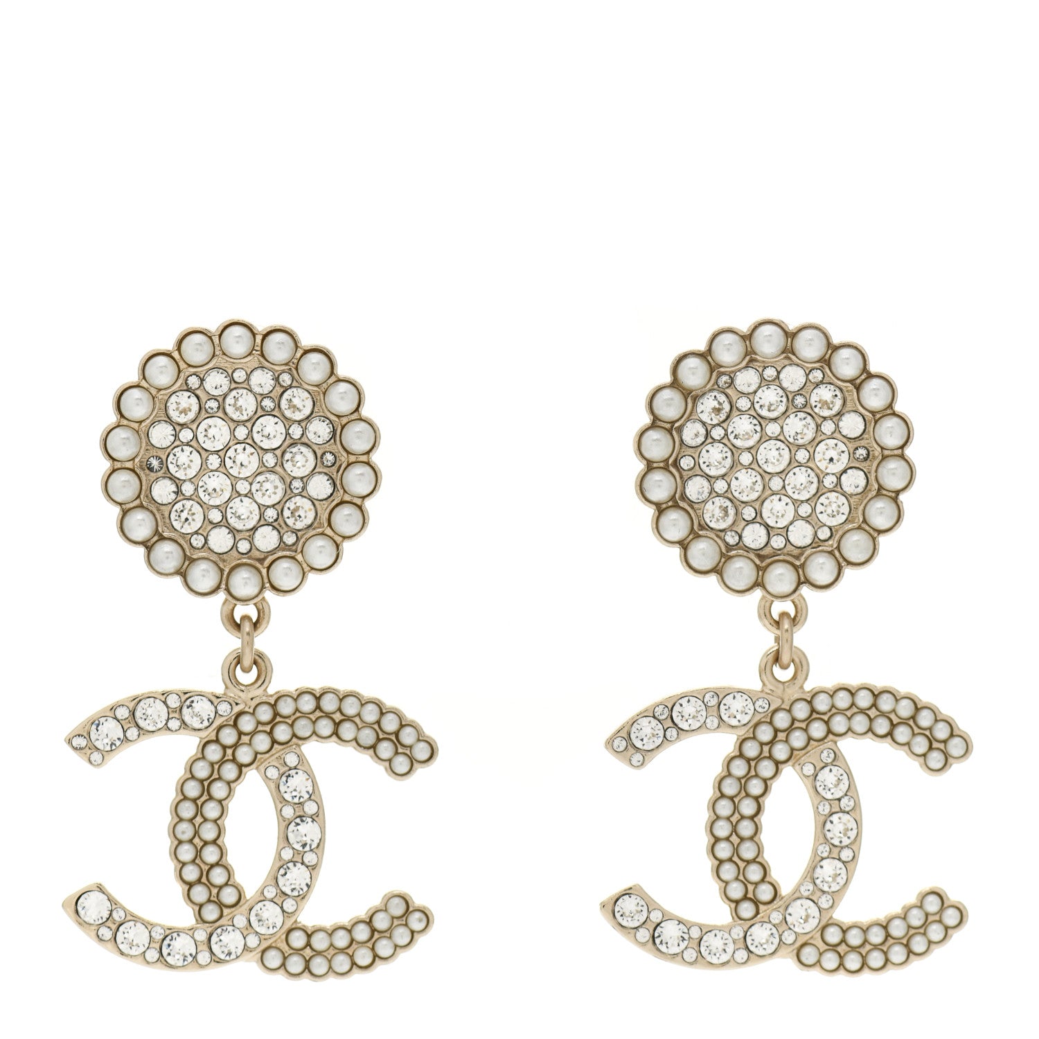 Chanel Crystal Pearl CC Drop Round Earrings Gold 1 of 4