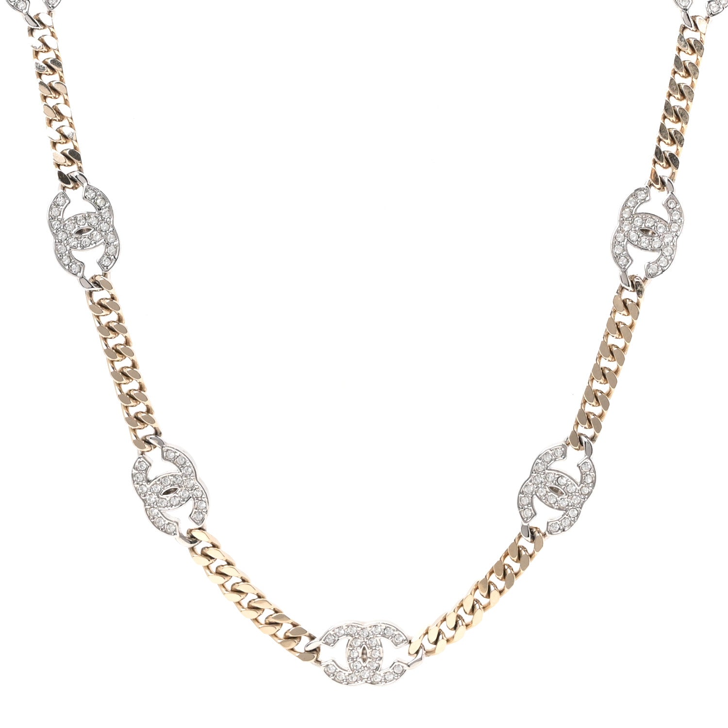 Chanel Crystal Chain CC Link Necklace Gold Silver 1 of 5