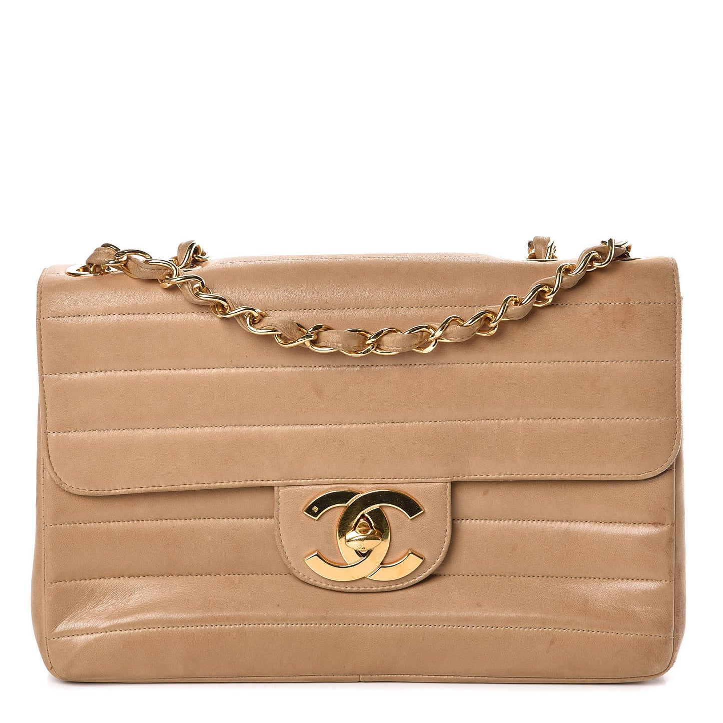 Lambskin Horizontal Quilt Jumbo Single Flap Beige