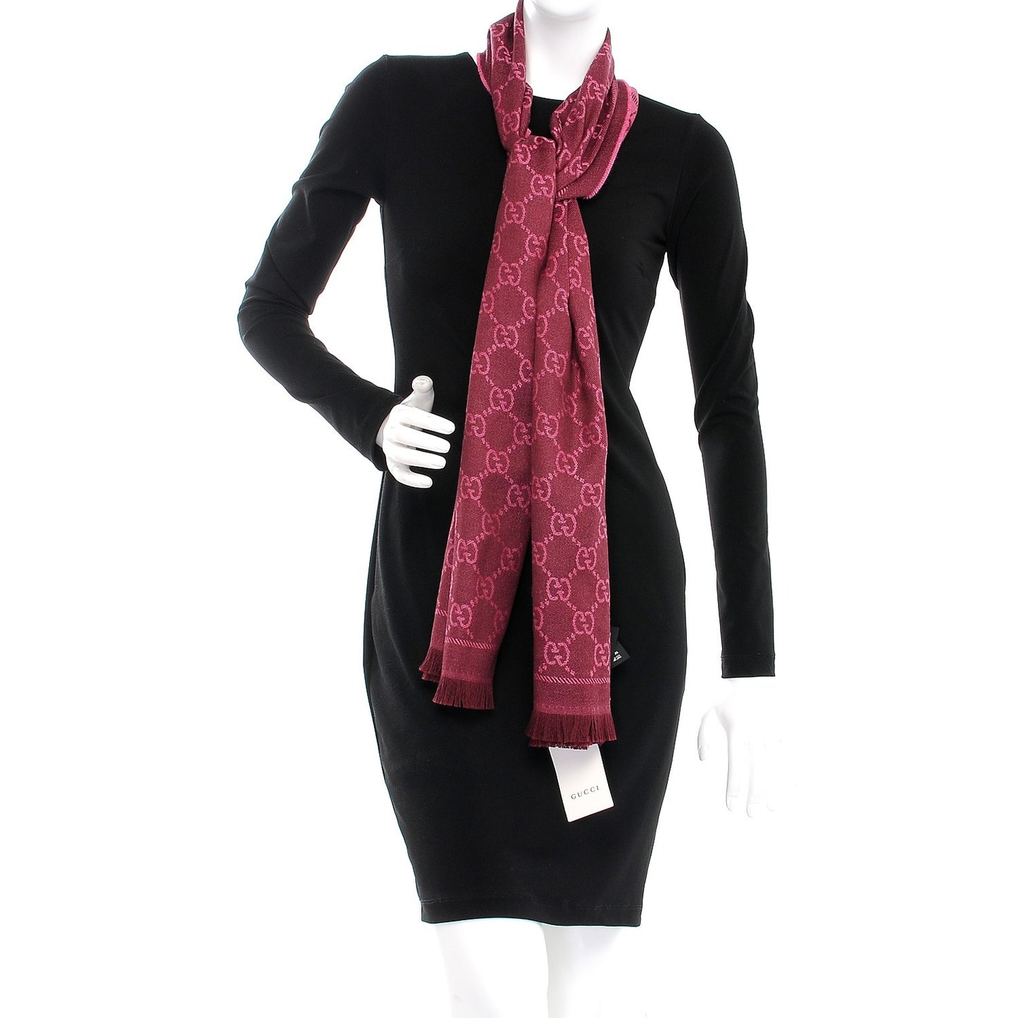 Wool Jacquard GG Monogram Sten Fringe Scarf Magenta Bordeaux