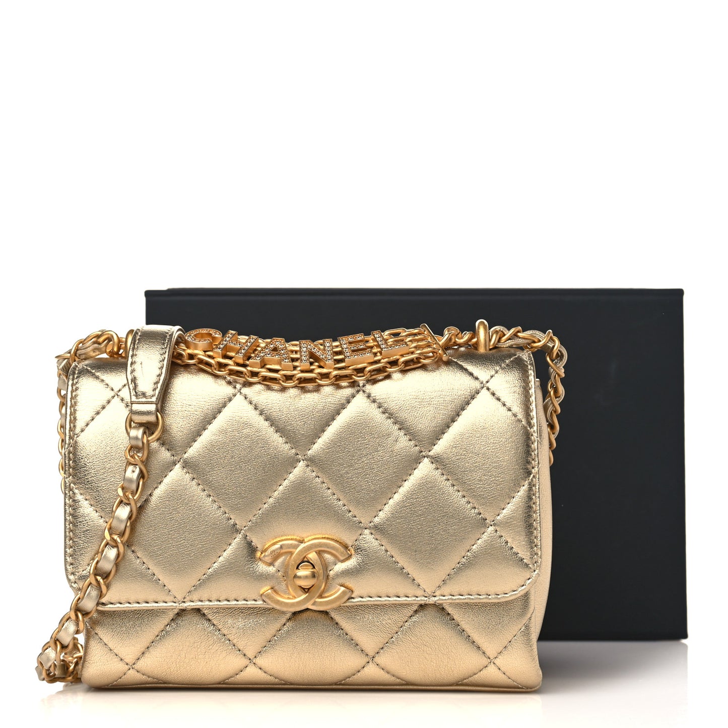 Metallic Lambskin Quilted Mini CC Crystal Logo Chain Flap Gold