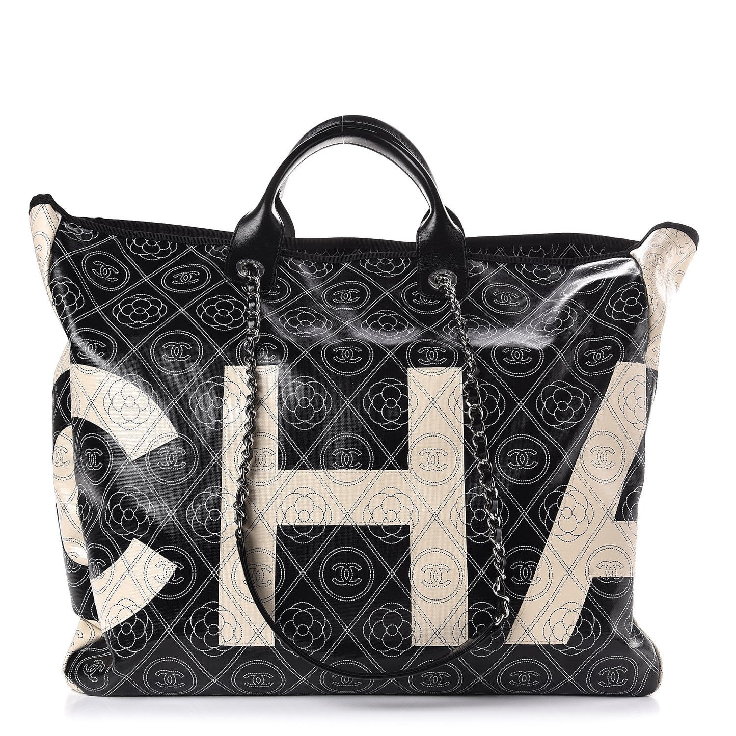 Coated Canvas Camellia Large Shopping Tote Black Beige