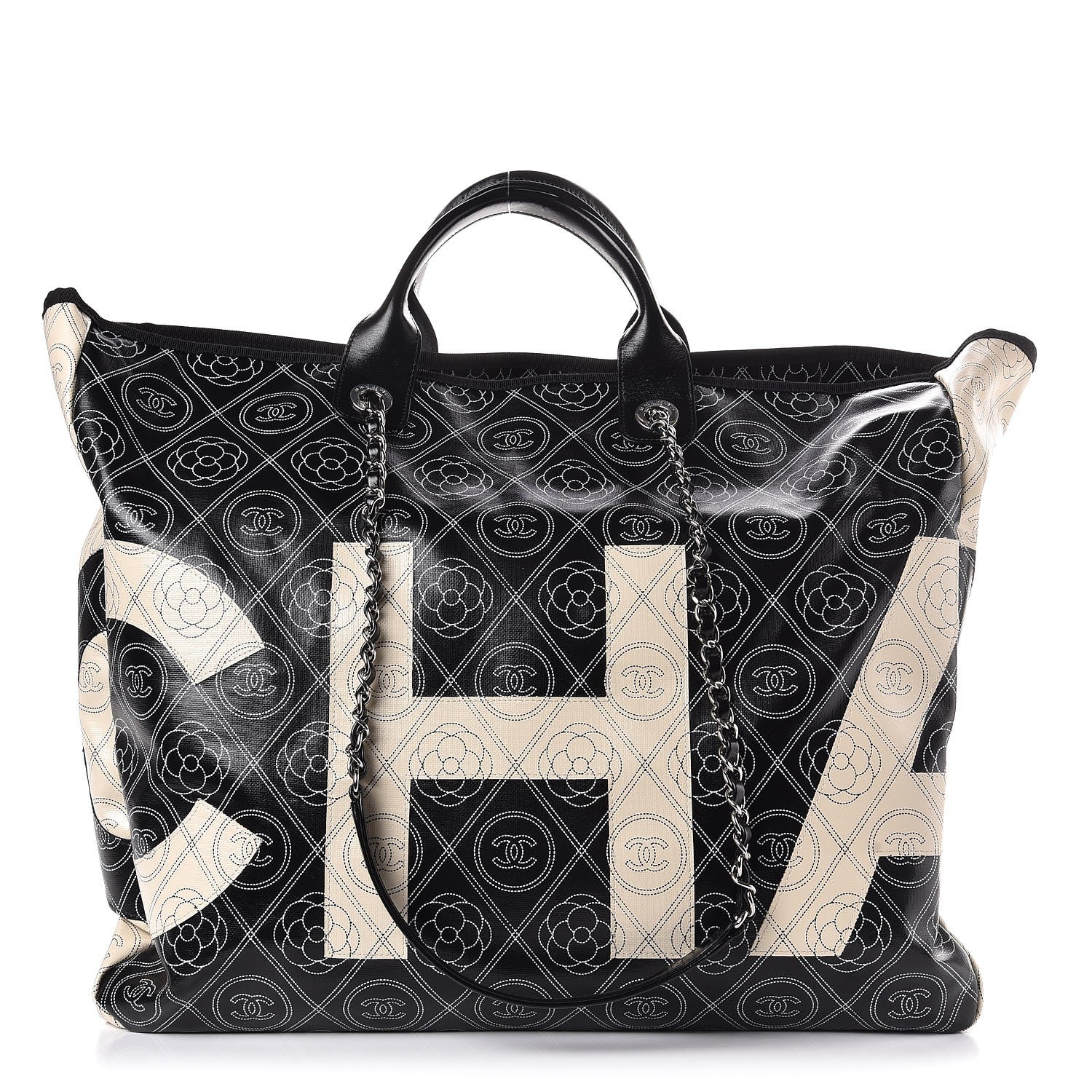 Chanel Coated Canvas Camellia Large Shopping Tote Black Beige 1 of 8