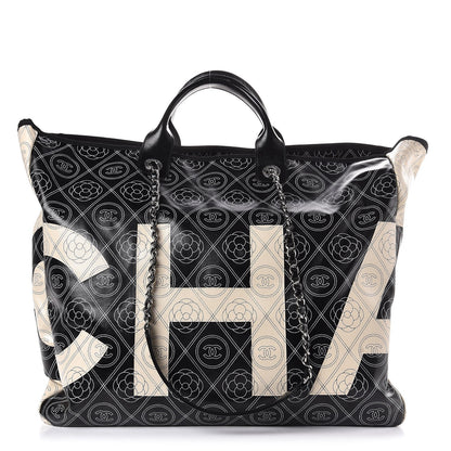 Chanel Coated Canvas Camellia Large Shopping Tote Black Beige 1 of 8