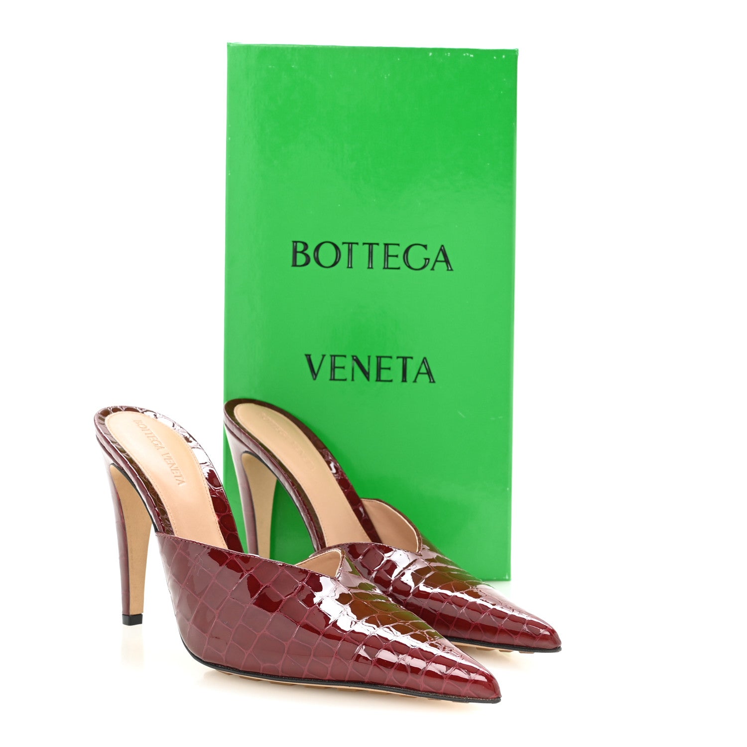 Bottega Veneta Gloss Calfskin Crocodile Embossed Mules 40 Merlot 8 of 8