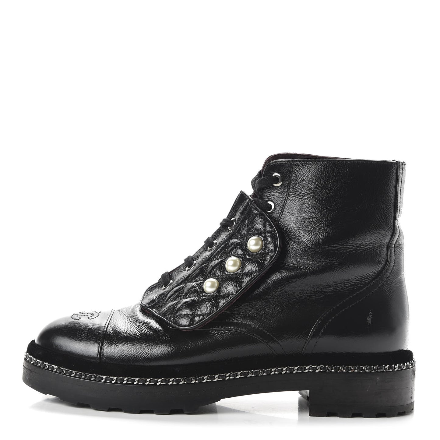 Crackled Calfskin Velvet Pearl Combat Short Boots 39.5 Black
