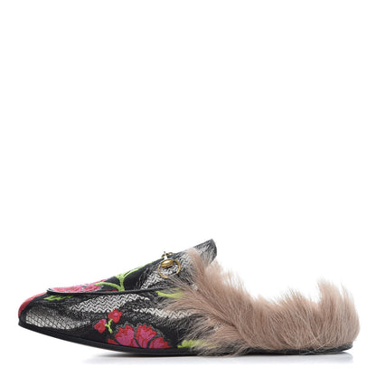 Gucci Brocade Fur Floral Womens Princetown Slippers 40 Black Anthracite 1 of 9