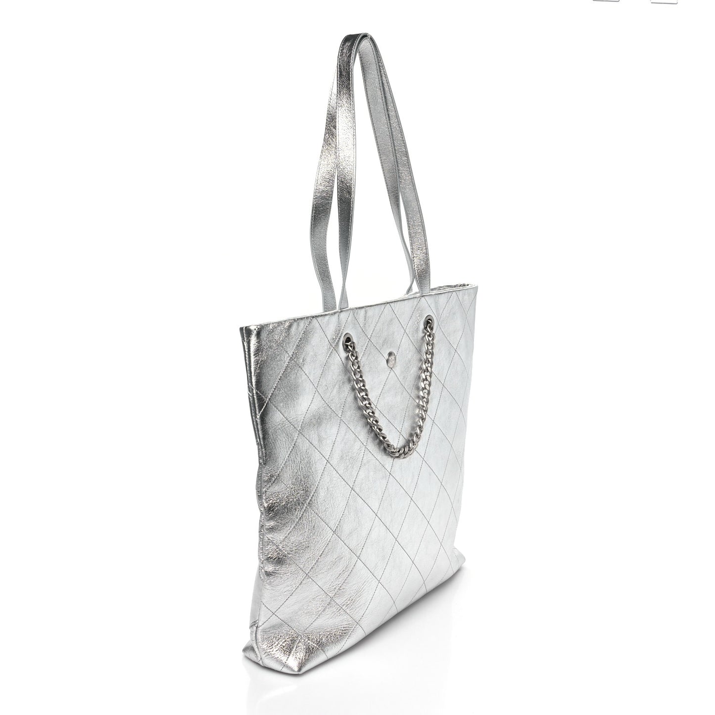 Metallic Calfskin Stitched CC Shopper Tote Silvery