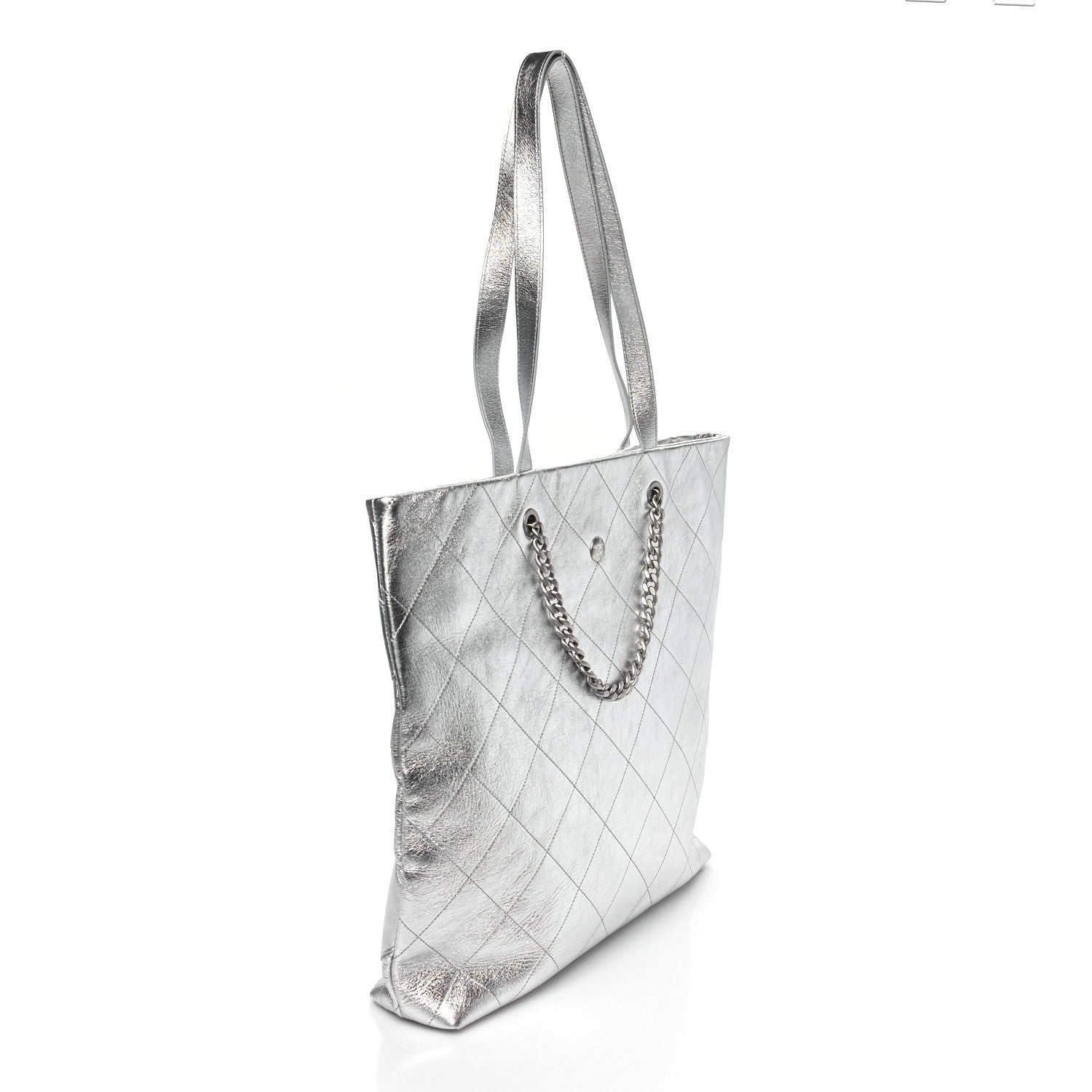 Chanel Metallic Calfskin Stitched CC Shopper Tote Silvery 3 of 10