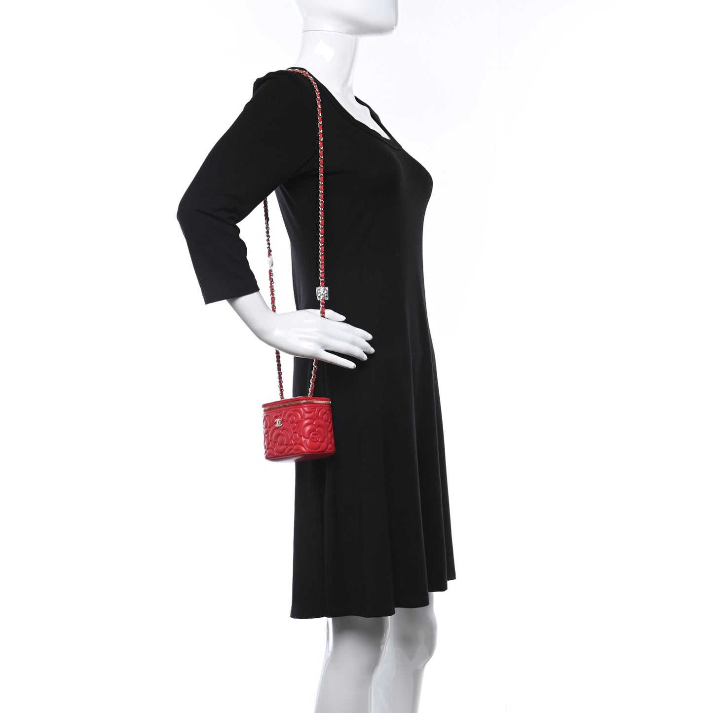 Lambskin Camellia Embossed Mini Vanity Case With Chain Red