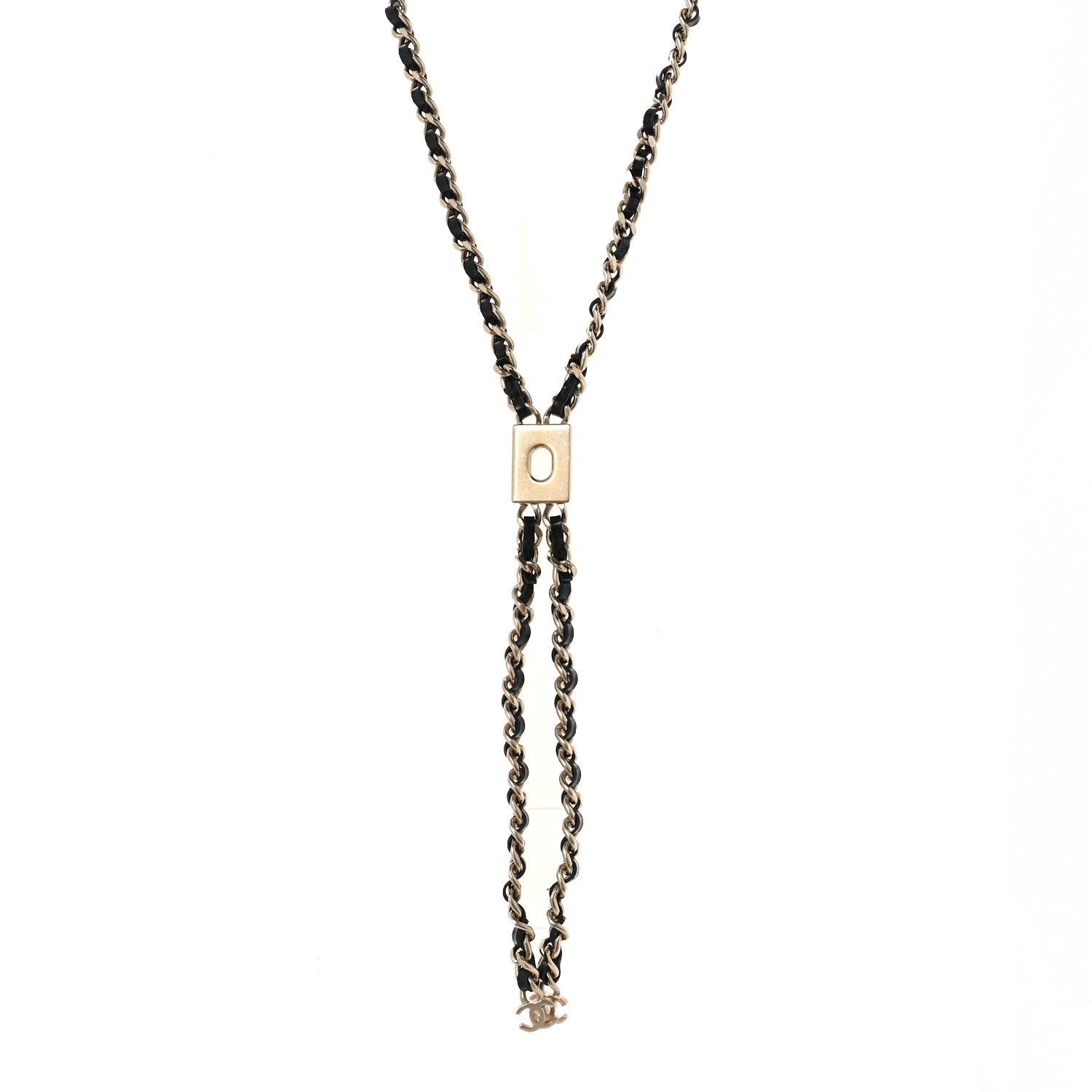 Chanel Metal Lambskin CC Lariat Necklace Black Gold 1 of 7