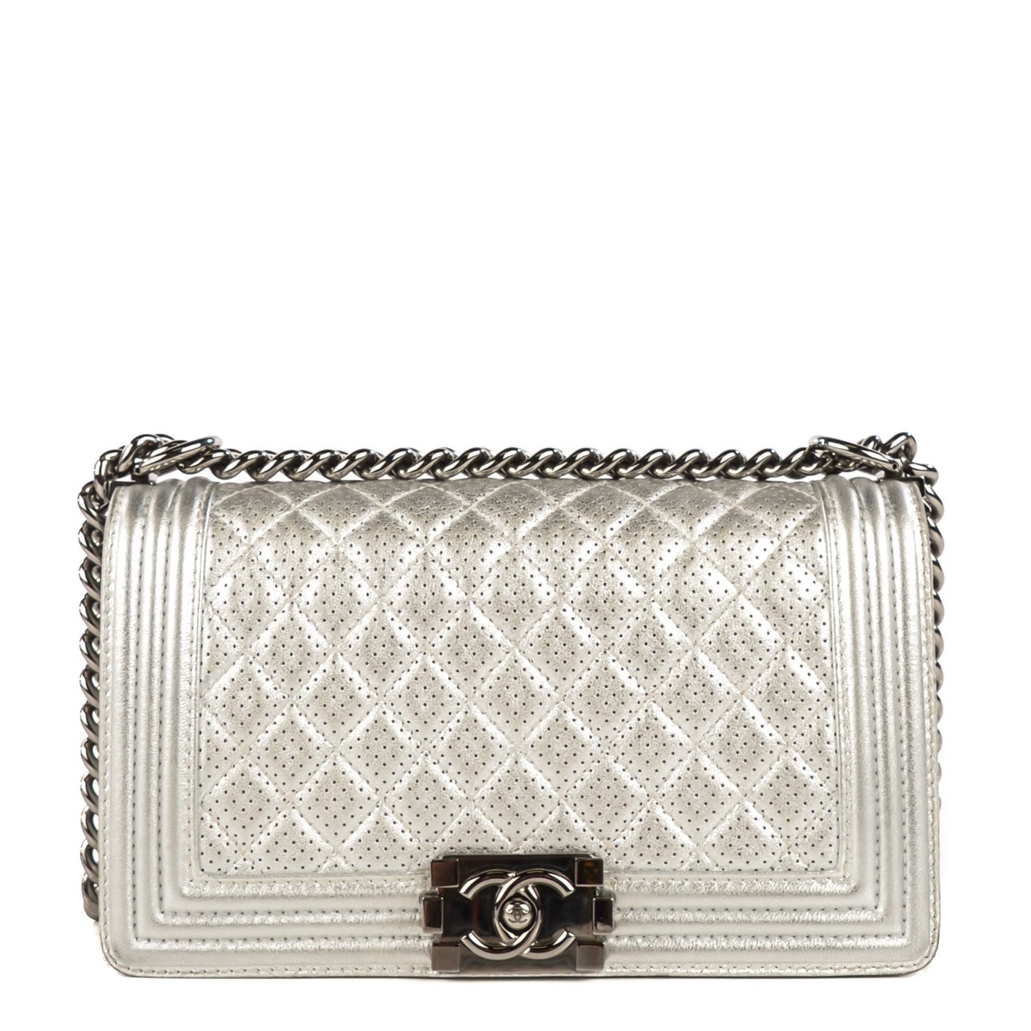 Metallic Lambskin Perforated Medium Boy Flap Silver