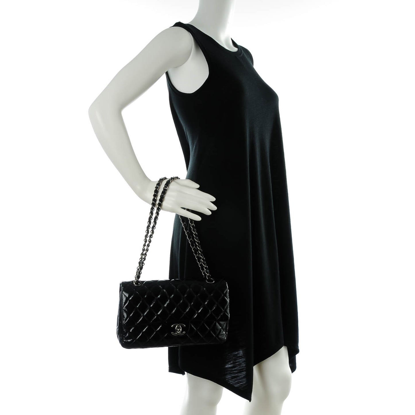 Distressed Patent Quilted Medium Double Flap Black