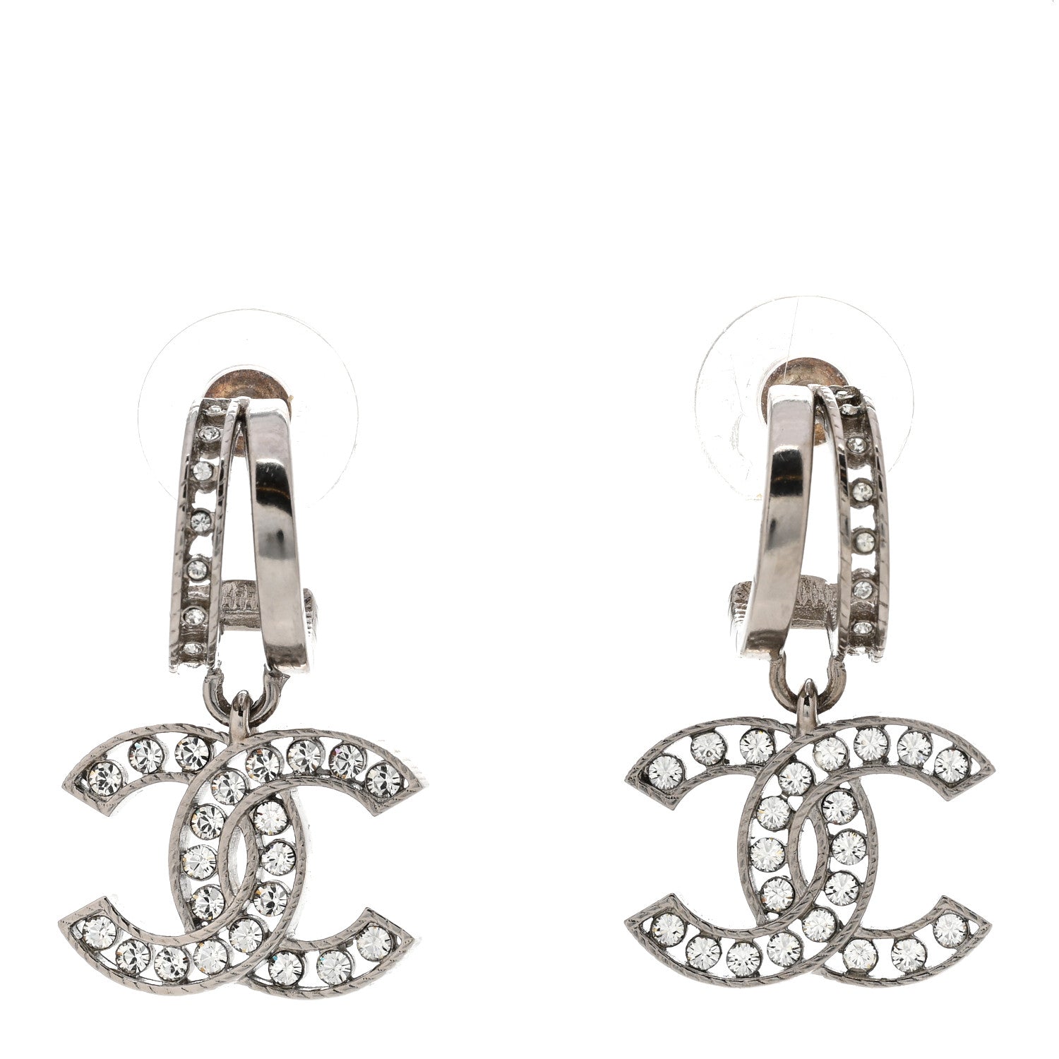Chanel Crystal CC Drop Earrings Silver 1 of 4