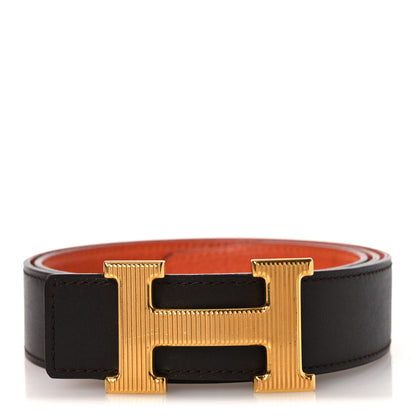 Hermes Box Togo 32mm Strie H Belt 85 34 Chocolate Orange 1 of 10