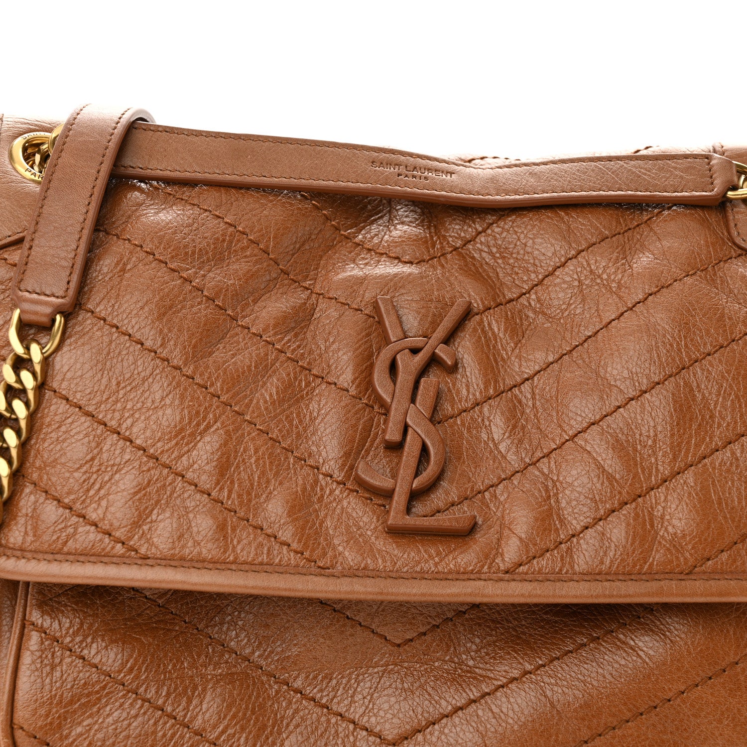 Saint Laurent Crinkled Calfskin Matelasse Monogram Medium Niki Chain Satchel Caramel 8 of 10