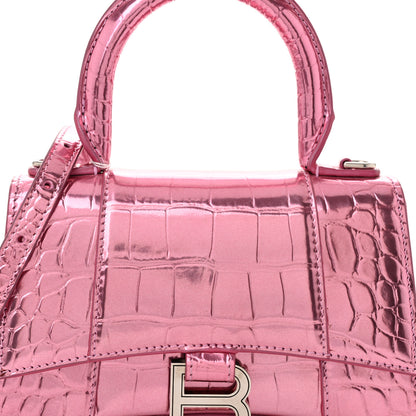 Balenciaga Metallic Shiny Calfskin Crocodile Embossed Hourglass Top Handle Bag XS Pink 8 of 10