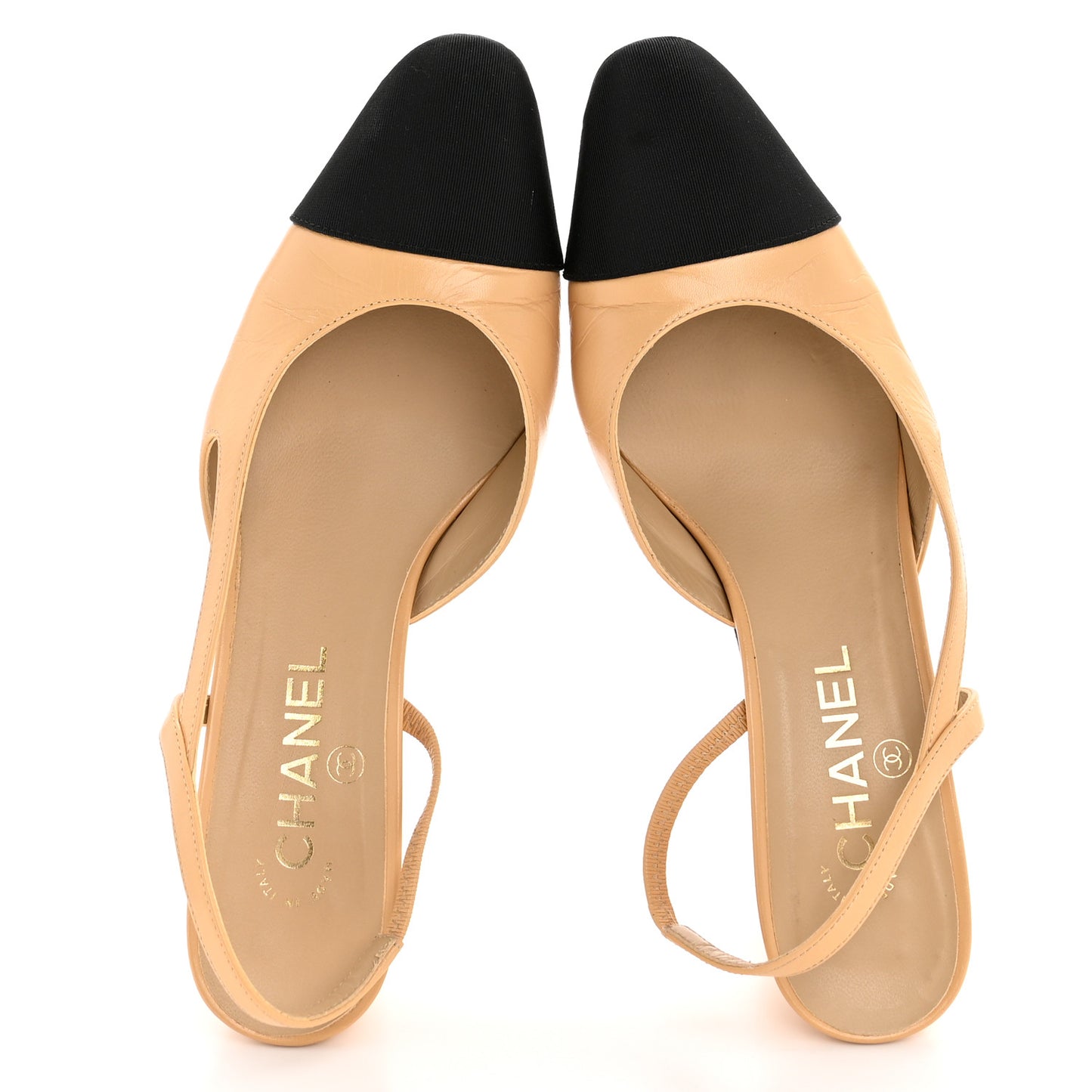 Goatskin Grosgrain Cap Toe CC Slingback Pumps 38.5 Beige Black