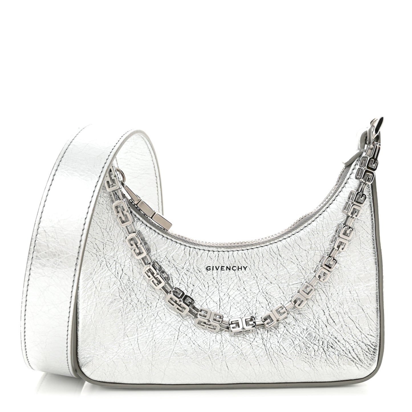 Metallic Calfskin Mini Moon Cut Out Shoulder Bag Silver