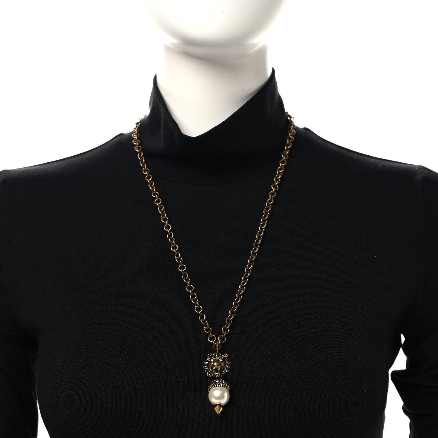 Gucci Metal Crystal Pearl Lion Head Necklace Aged Gold 2 of 4