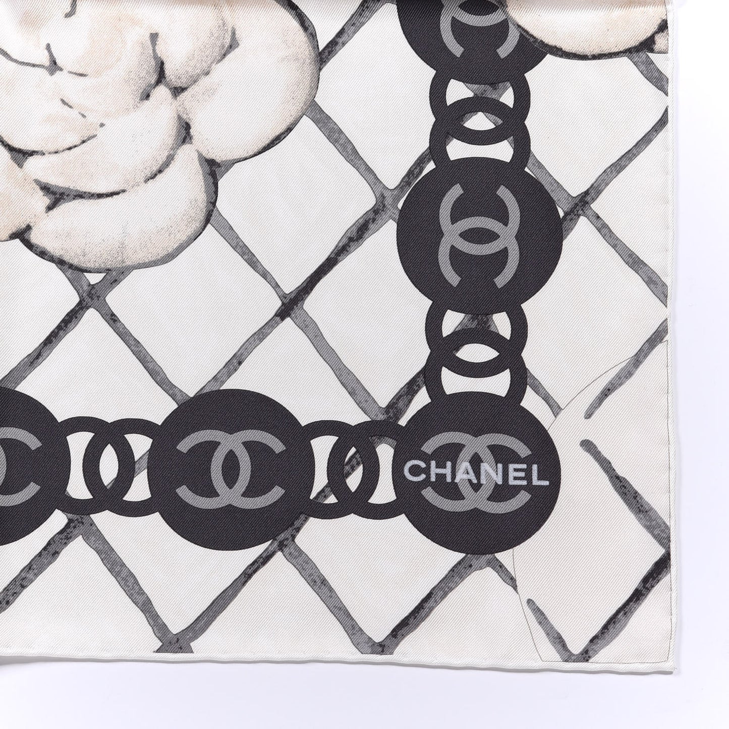 Silk CC Logo Camellia Scarf White Black