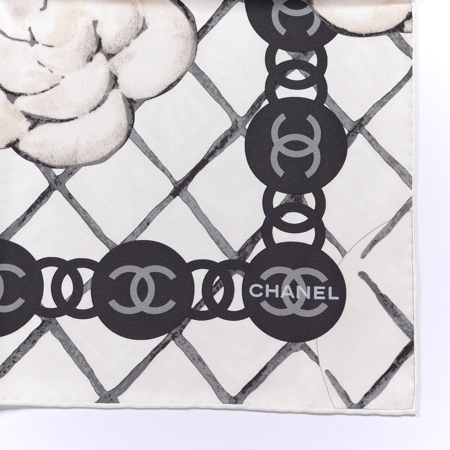 Chanel Silk CC Logo Camellia Scarf White Black 2 of 3