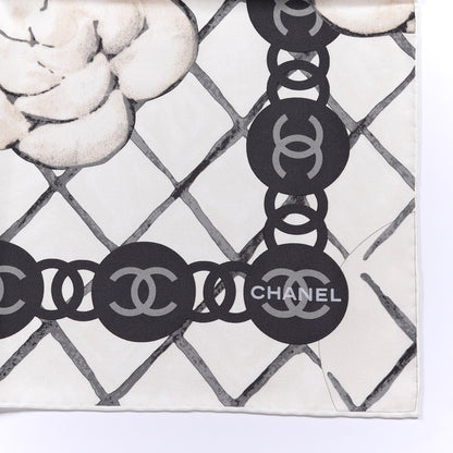 Chanel Silk CC Logo Camellia Scarf White Black 2 of 3
