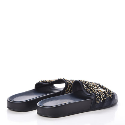 Chanel Satin Canvas Chain Flat Sandals 37 Marine 4 of 12