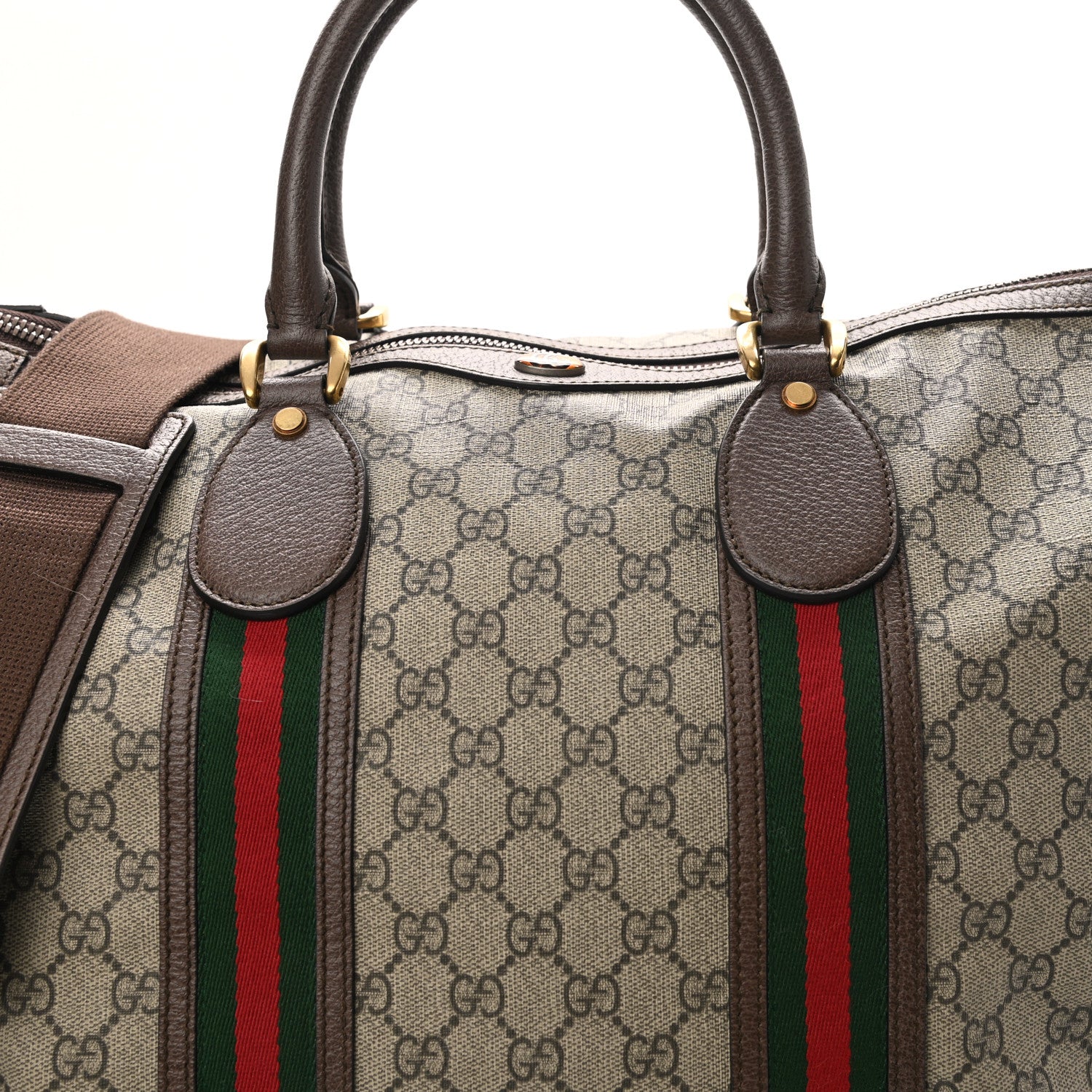 Gucci Soft GG Supreme Monogram Textured Dollar Calfskin Web Large Ophidia Carry-On Duffle Bag Beige Ebony New Acero 7 of 10