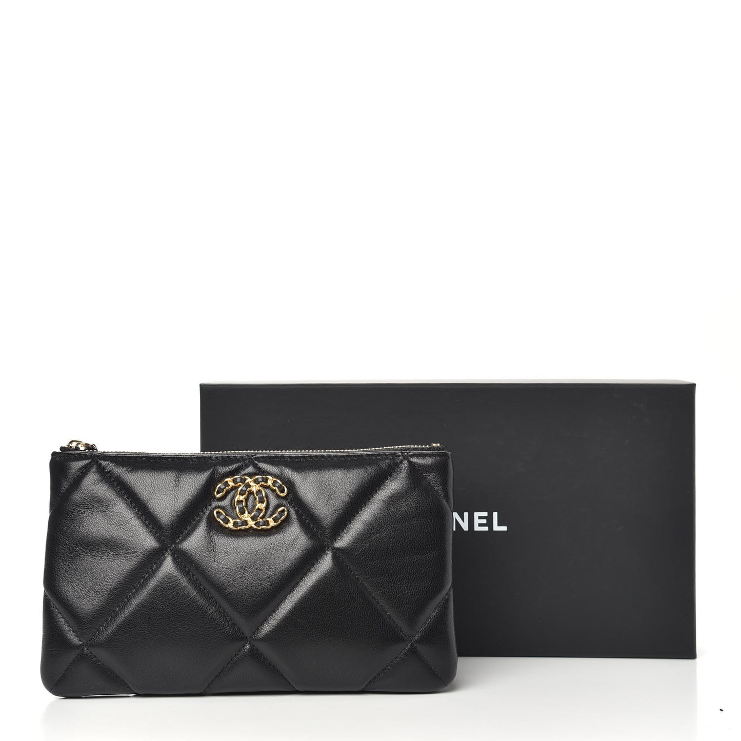 Shiny Goatskin Quilted Small Chanel 19 Pouch Black