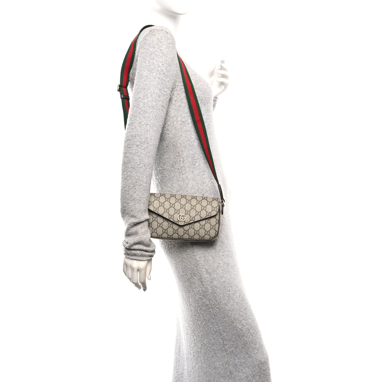 Gucci GG Supreme Monogram Textured Dollar Calfskin Web Mini Ophidia Envelope Shoulder Bag Beige Ebony New Acero 2 of 11