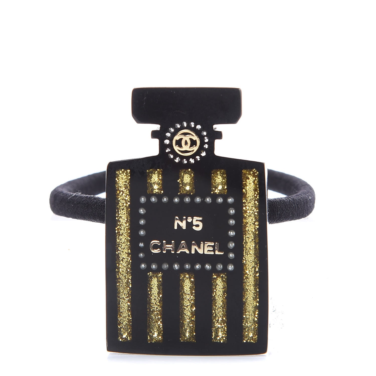 Chanel Resin Strass Perfume Bottle CC Hair Tie Black Gold 1 of 5