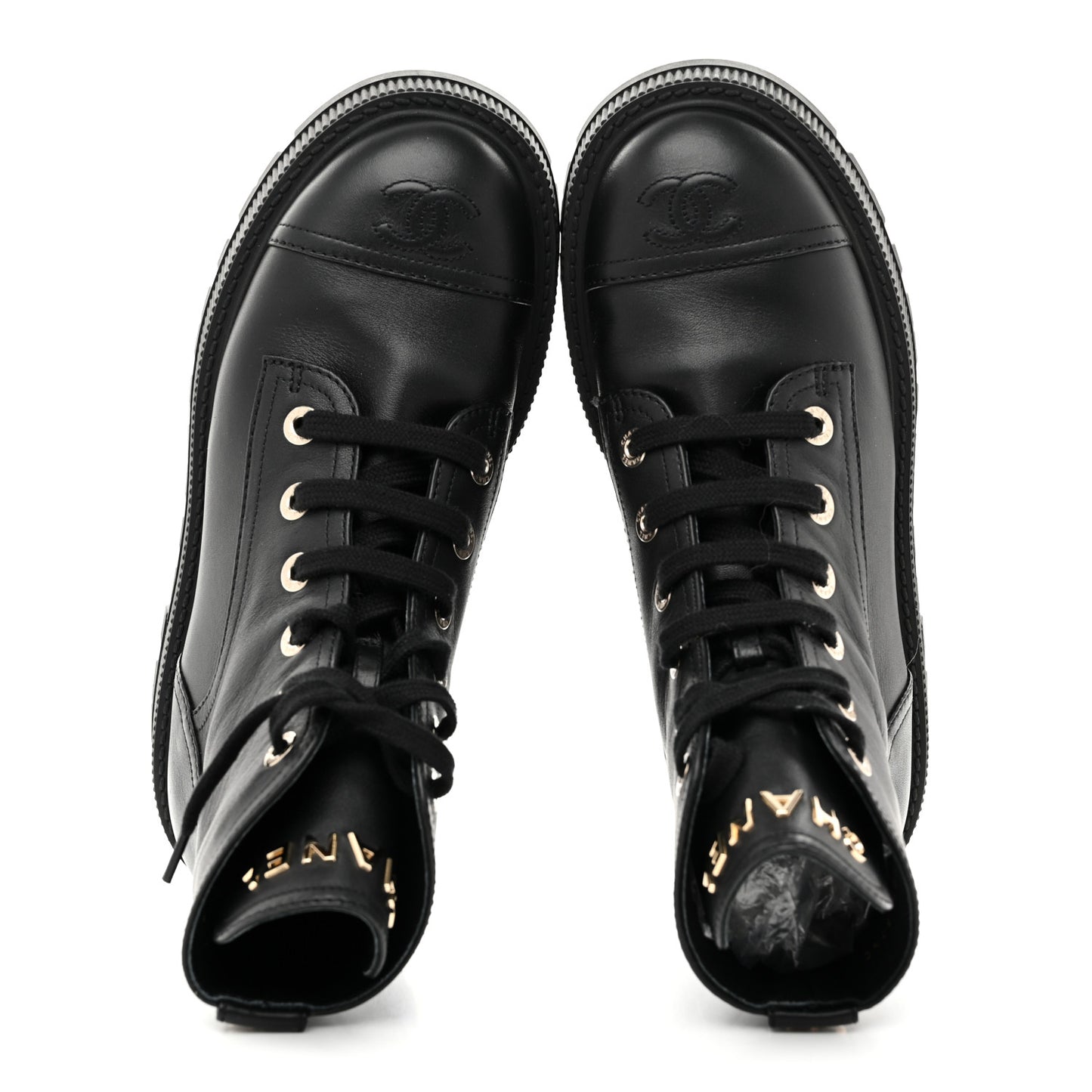 Grained Calfskin Shiny Calfskin CC Lace Up Combat Boots 37.5 Black