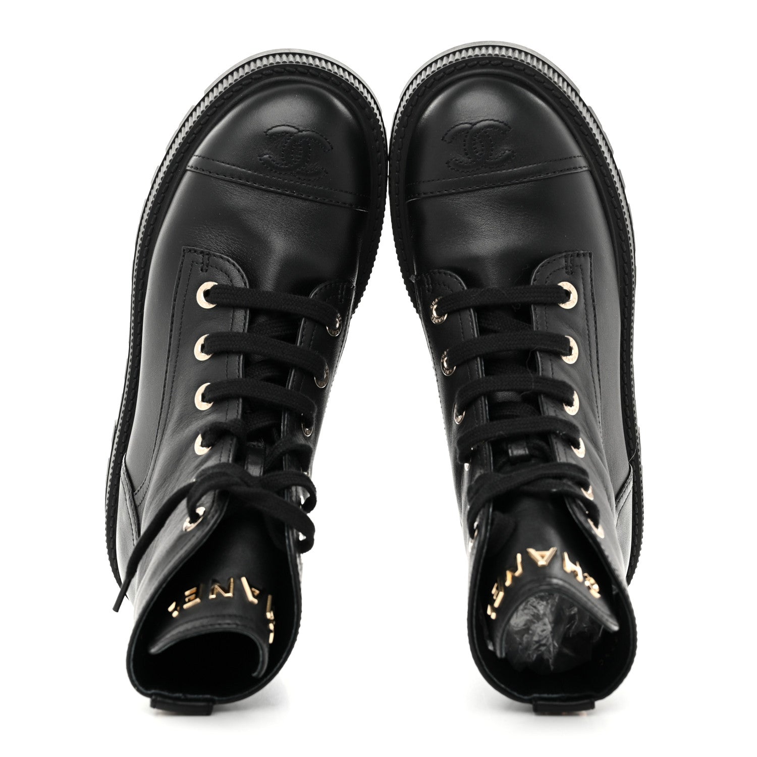 Chanel Grained Calfskin Shiny Calfskin CC Lace Up Combat Boots 37.5 Black 2 of 9