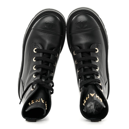 Chanel Grained Calfskin Shiny Calfskin CC Lace Up Combat Boots 37.5 Black 2 of 9