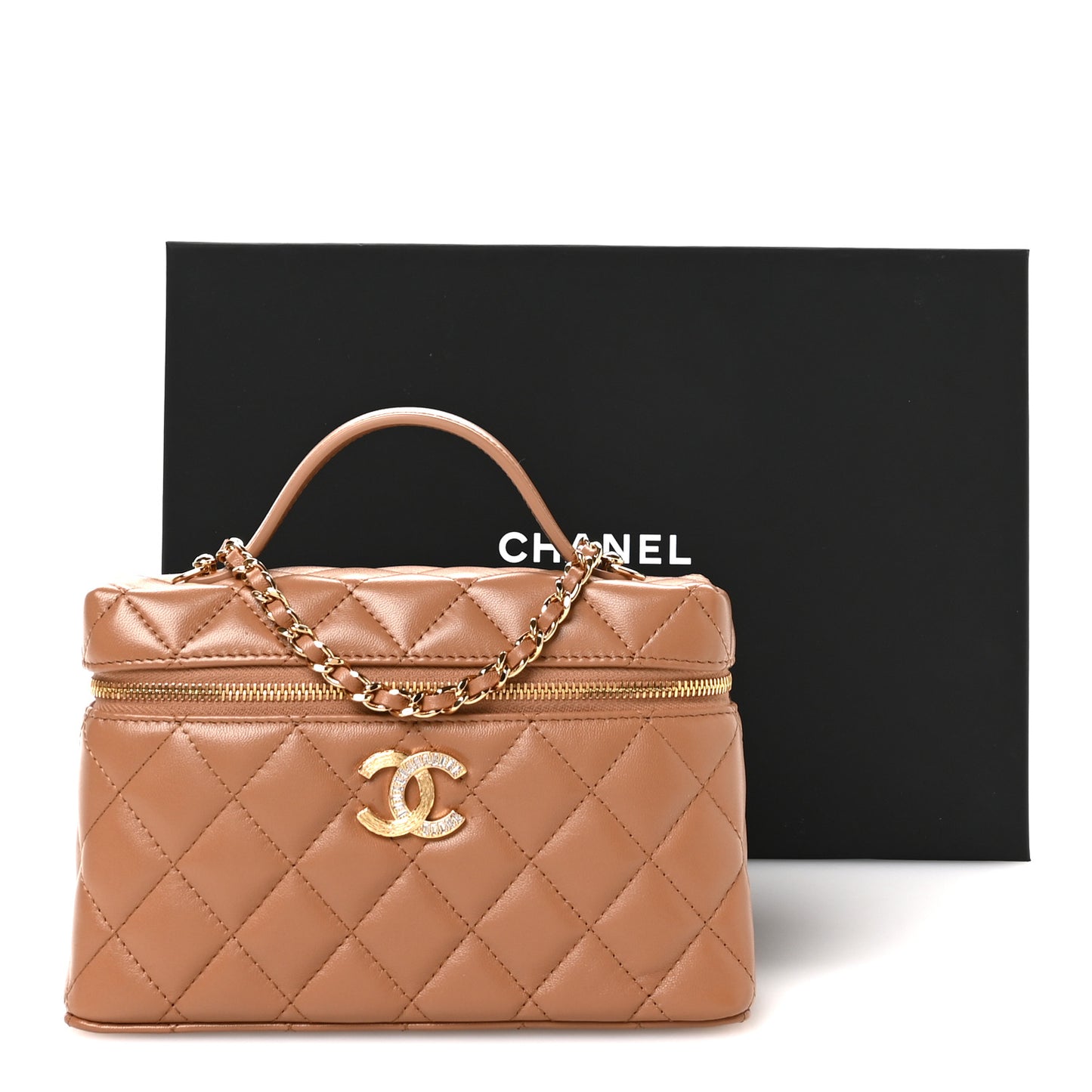 Lambskin Quilted Crystal Ridged CC Top Handle Slim Vanity Case With Chain Brown