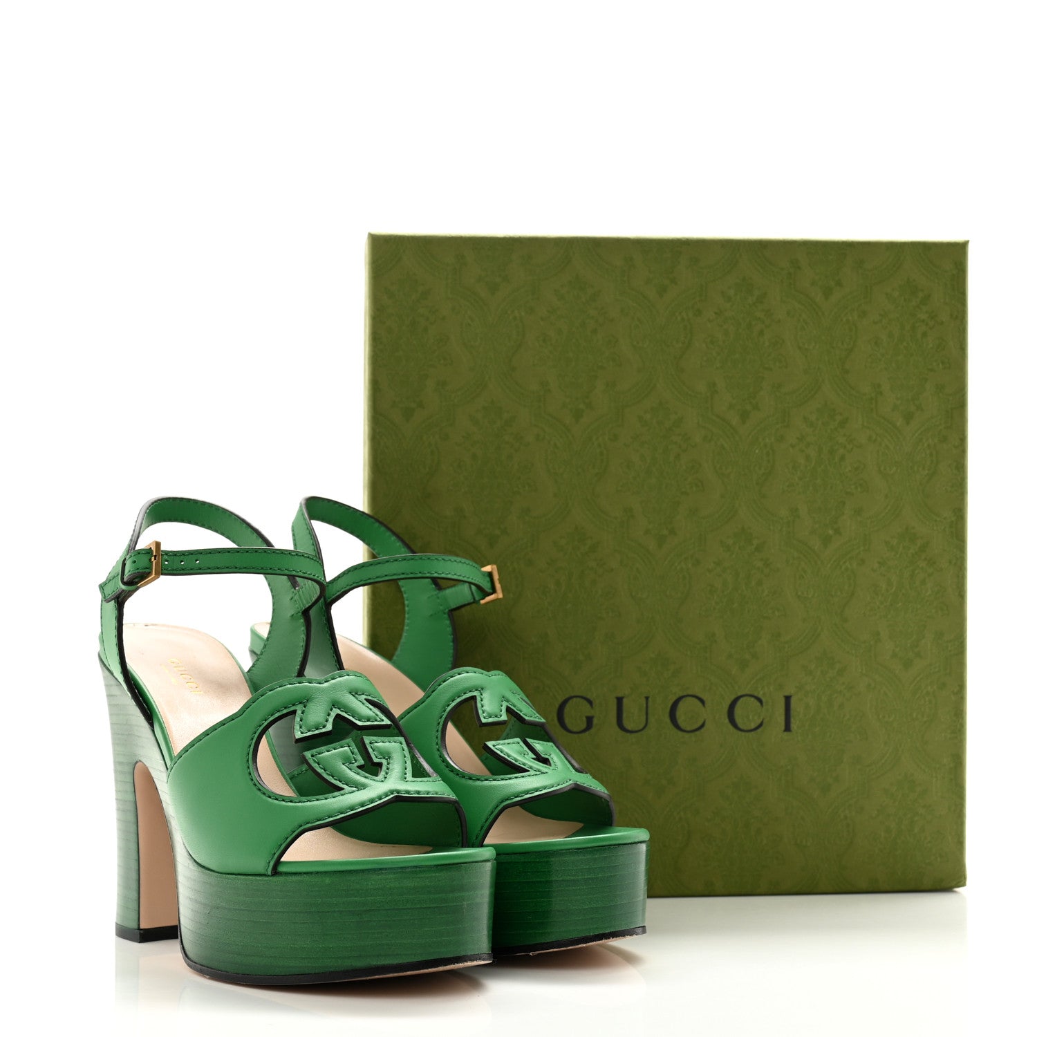 Gucci Cosmos Softy Calfskin Wooden Interlocking G Cut-Out 30/120mm Platform Sandals 37.5 New Shamrock 12 of 12