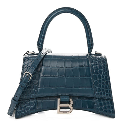 Balenciaga Shiny Calfskin Crocodile Embossed Small Hourglass Top Handle Bag Dark Petrol Blue 1 of 10