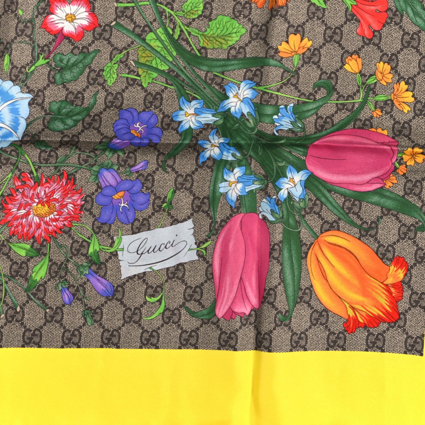 Silk Twill GG Monogram Flora Fluo GG Square Scarf Beige Yellow