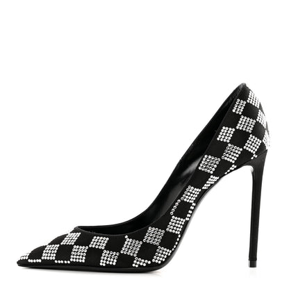 Saint Laurent Satin Crystal Embellished Checkered Zoe 105 Pumps 37 Black 1 of 8
