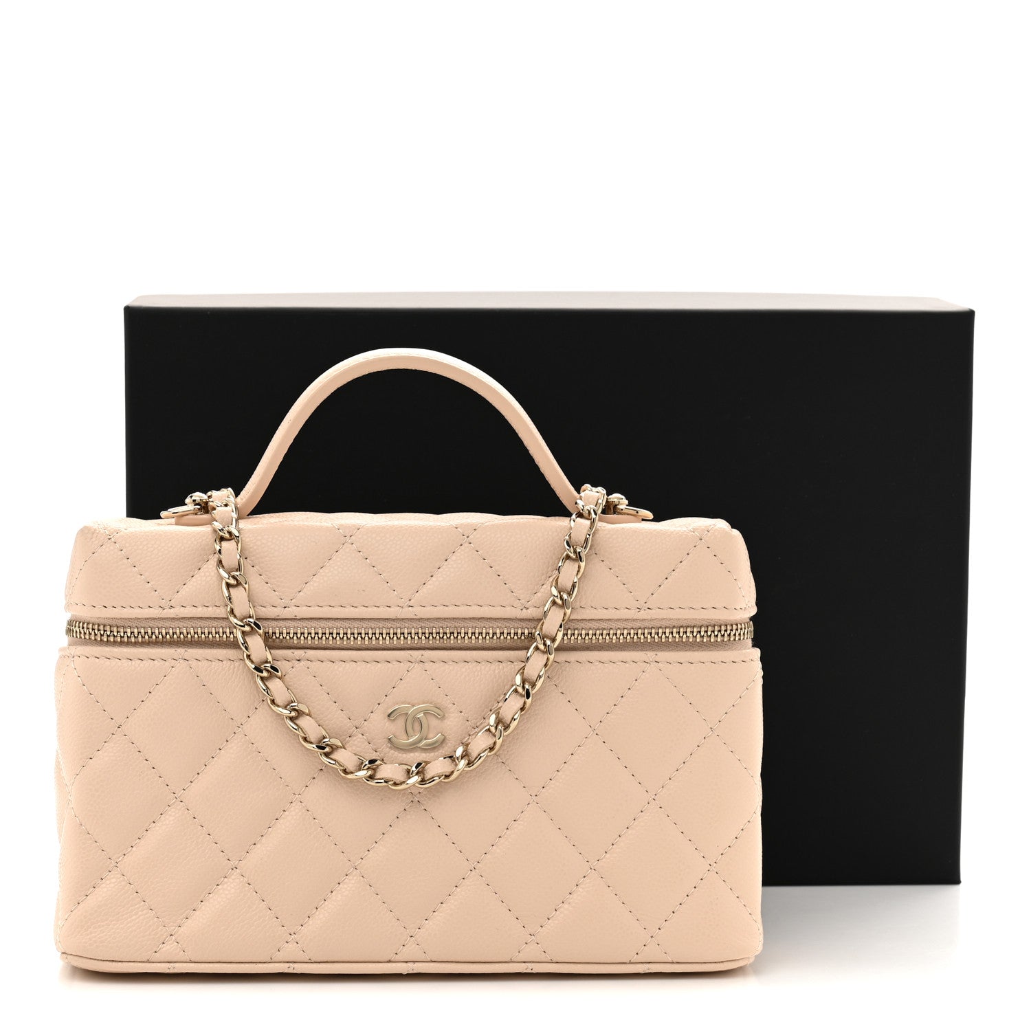 Chanel Caviar Quilted Top Handle Slim Vanity With Chain Beige