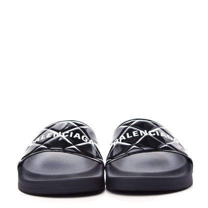 Balenciaga Rubber Patent Quilted Logo Slide Sandals 36 Black White 2 of 10