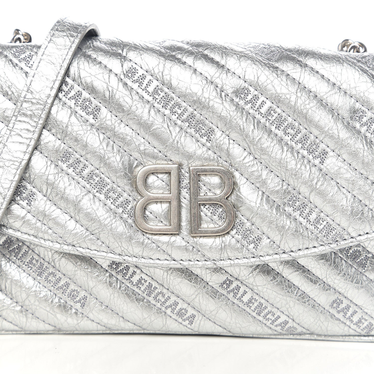 Balenciaga Metallic Arena Calfskin Logo Matelasse BB Chain Wallet Argent 8 of 8