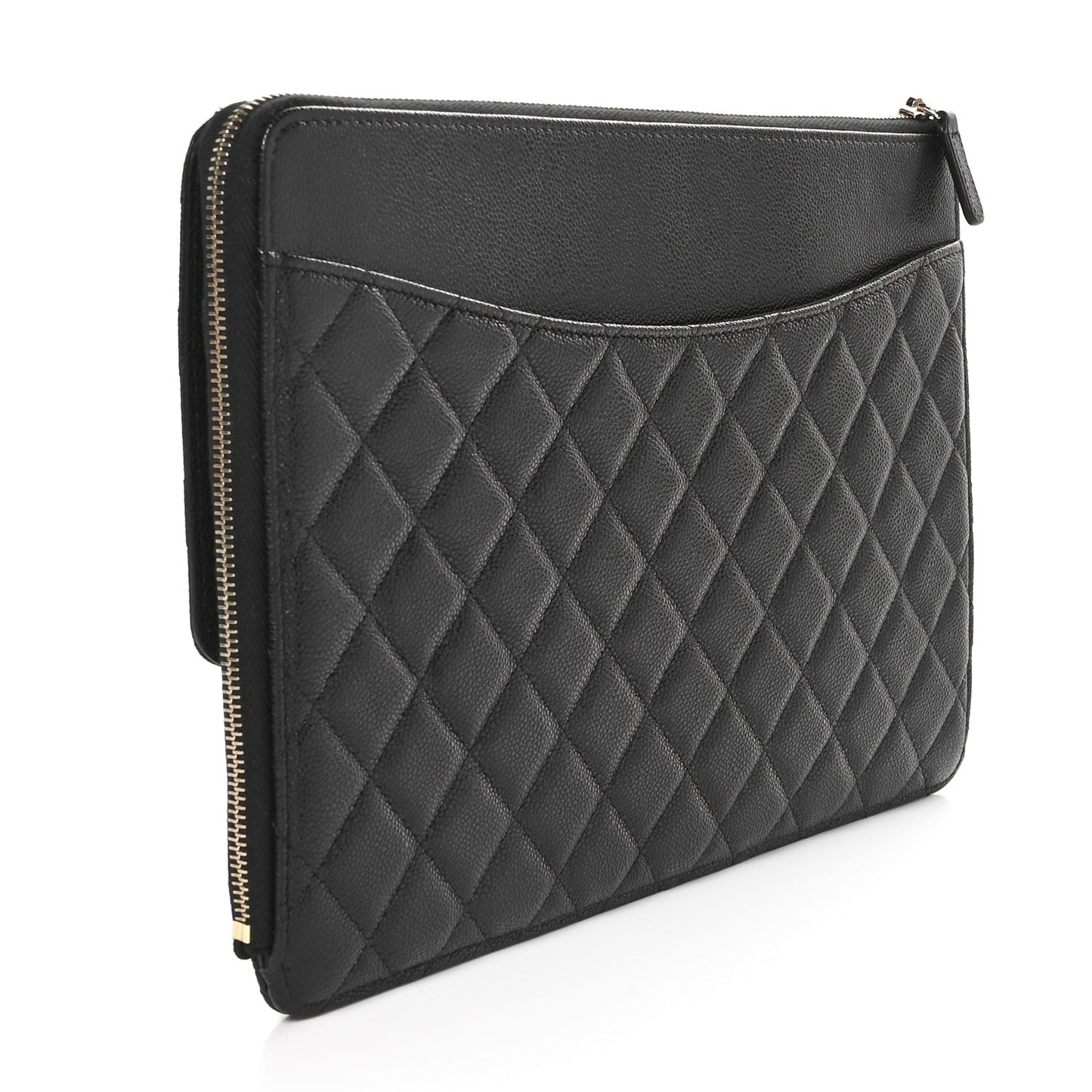 Caviar Quilted Large Flap Zip Clutch Black