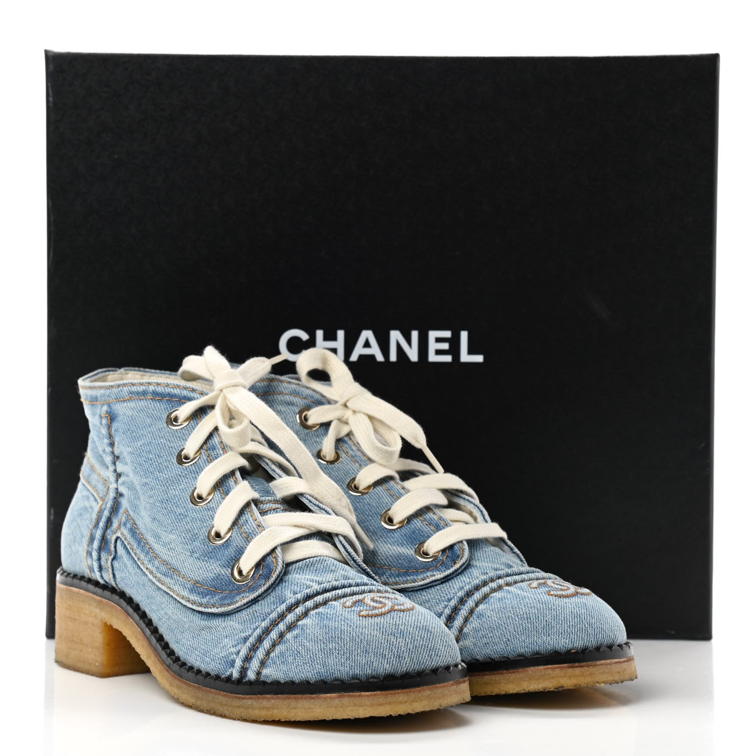 Chanel Denim Lace Up Boots 38.5 Light Blue 11 of 11