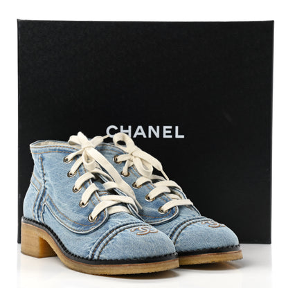 Chanel Denim Lace Up Boots 38.5 Light Blue 11 of 11