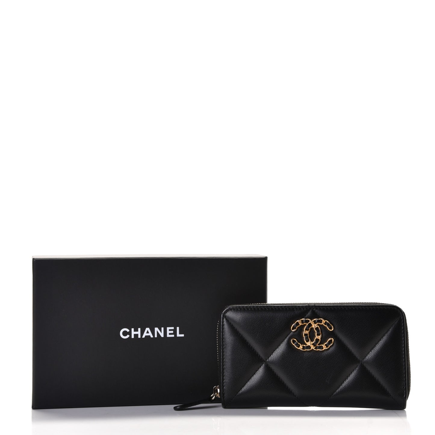 Shiny Goatskin Quilted Chanel 19 Long Zipped Around Wallet Black