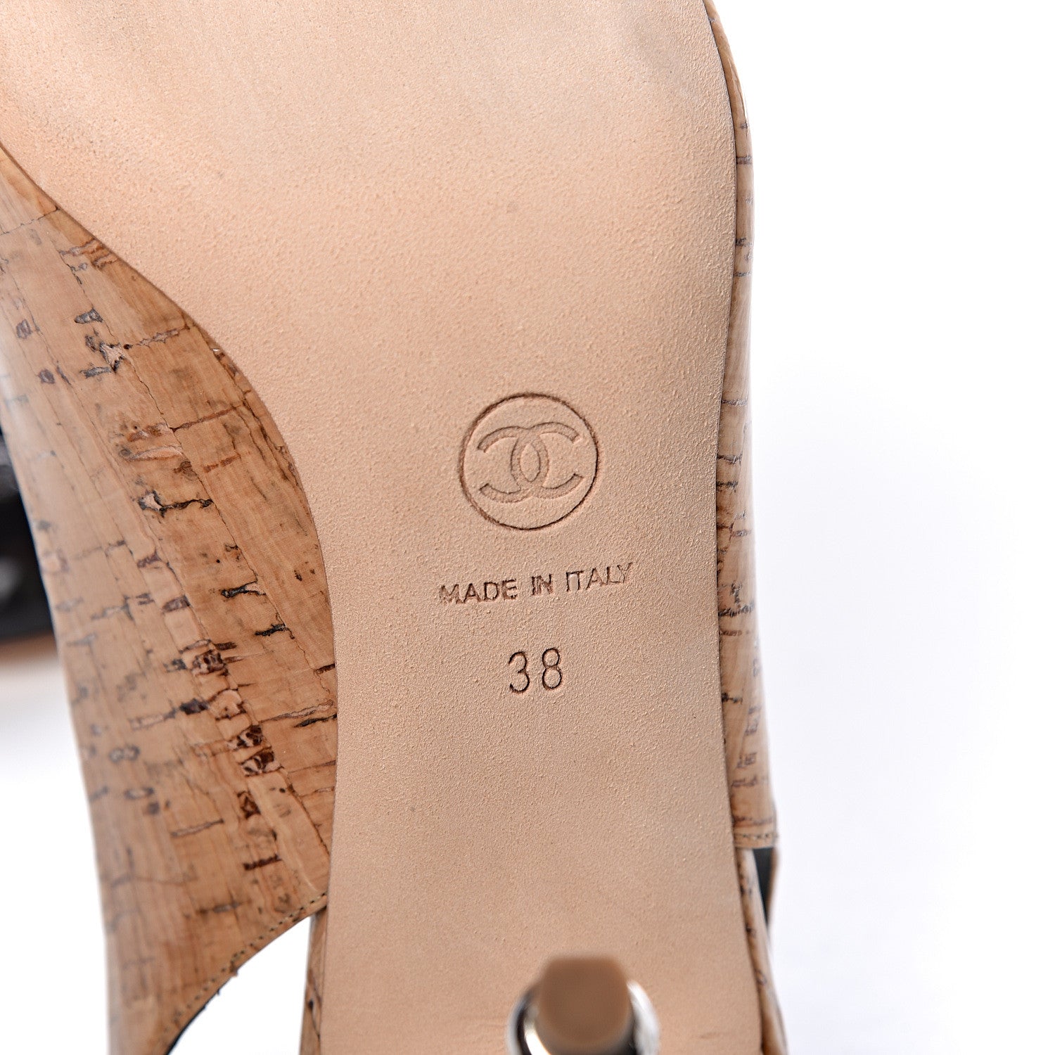 Chanel Patent Cork Cap Toe CC Slingbacks 38 Beige 8 of 13