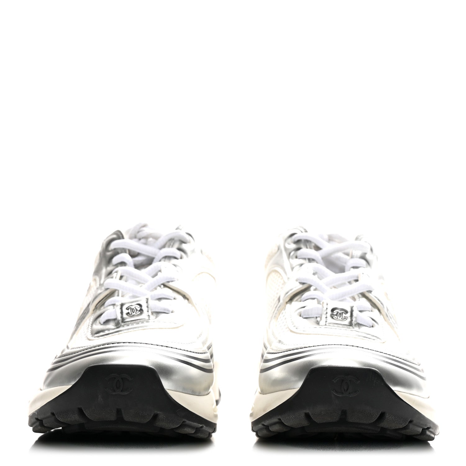 Chanel Fabric Laminated Calfskin Stretch CC Sneakers 36 White Silver 3 of 10