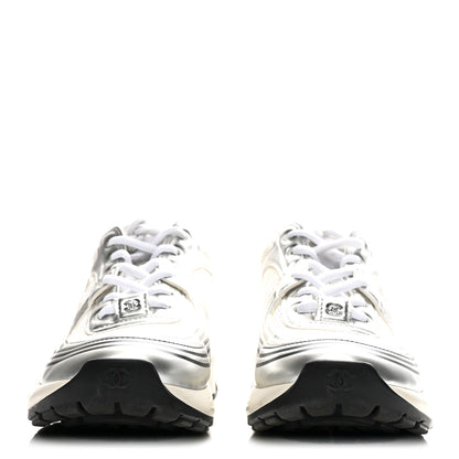 Chanel Fabric Laminated Calfskin Stretch CC Sneakers 36 White Silver 3 of 10